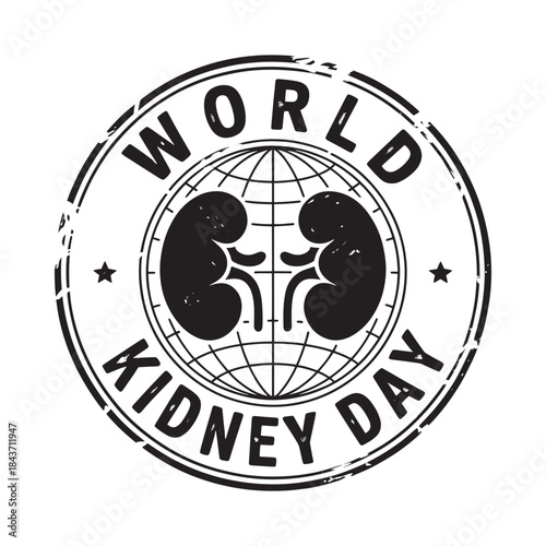 World kidney day emblem featuring a globe and two kidney illustrations