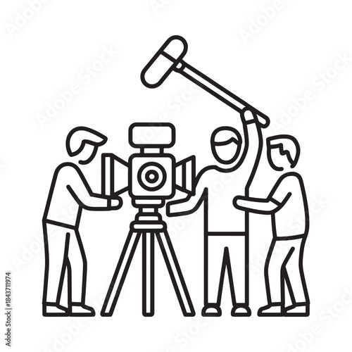 Film crew operating a camera and boom microphone during a production