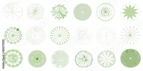Collection of abstract green tree crown shapes displayed in a grid pattern