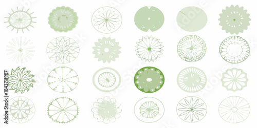 Collection of various green circular floral and ornamental design elements