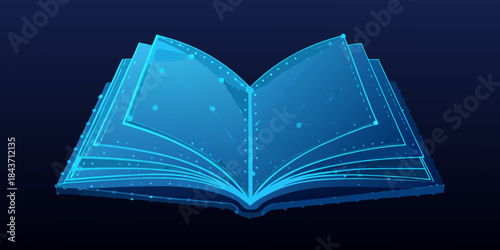 An open book with glowing blue lines and points on a dark background