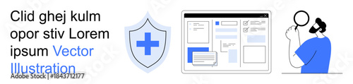 Cybersecurity, data analysis, healthcare security, online interfaces, data safety, information technology. A shield with a cross, a healthcare user interface, and a person analyzing results
