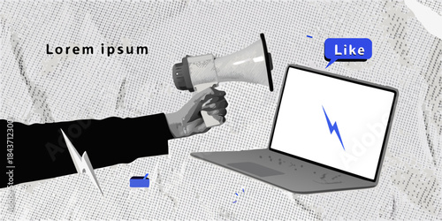 A hand holding a megaphone directed towards a laptop with a like button