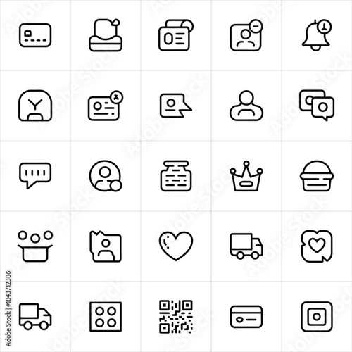 Set of 25 outlined universal icons including credit card santa hat id card user notification