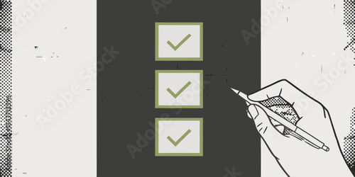 Hand with pen checking boxes illustration with a minimalist and graphic style