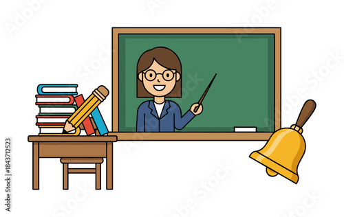 Teacher presenting in classroom with school supplies