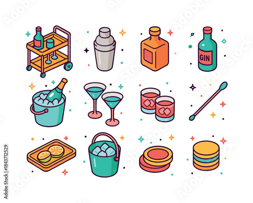 Colorful Bar Cart Icons. Bar Cart. Colorful isometric vector ico