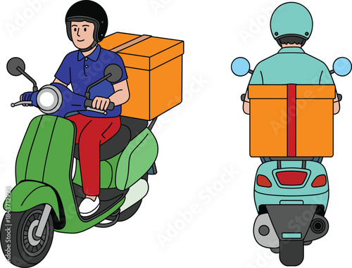 Delivery scooter rider illustration, food courier service, fast shipping concept, motorcycle delivery man, online order logistics