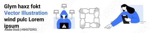 Cybersecurity, teamwork, remote work, digital communication, online threats, identity protection. A hacker in a hoodie, interlocked hands and a woman working remotely. Cybersecurity and teamwork