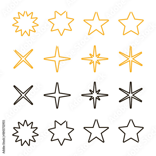 Star and sparkle icon set with clean outlines, decorative shapes for highlights, ratings, celebrations, emphasis, modern design accents, and creative graphic use
