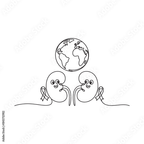 A continuous line drawing of earth with kidneys symbolizing organ health