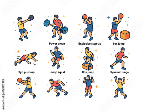 Dynamic Exercise Icons. Power Exercises. Colorful isometric vect