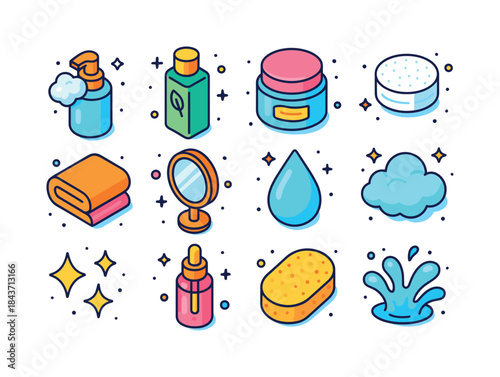 Colorful Skincare Icons. clean skincare. Colorful isometric vect