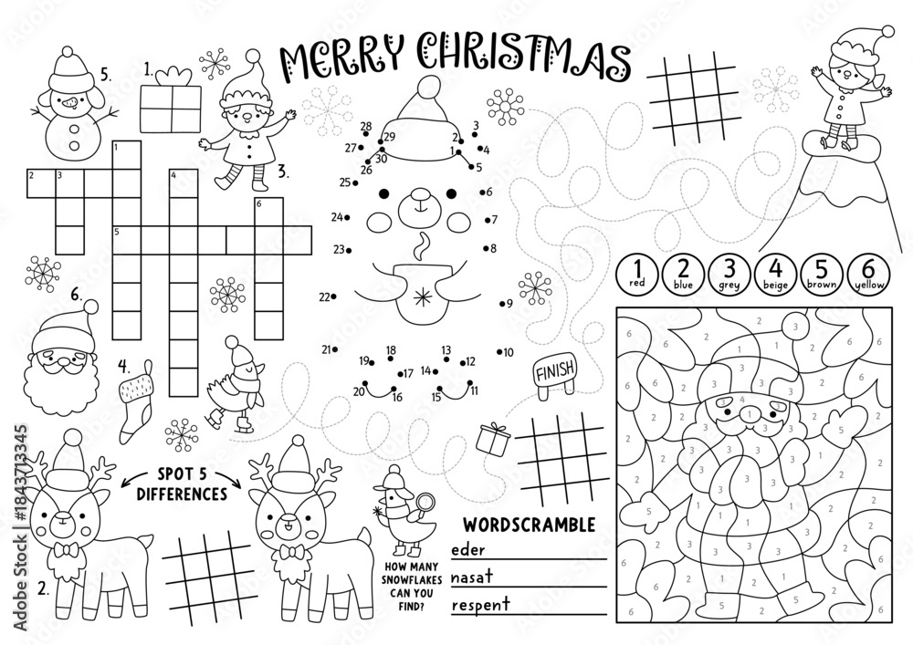 Obraz premium Vector Christmas village placemat for kids. Winter holiday printable activity mat with maze, tic tac toe charts, connect the dots, find difference. New Year black and white play mat or coloring page