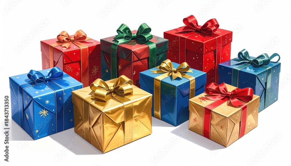 Fototapeta premium Collection of festive gift boxes in various colors with elegant ribbons and bows.