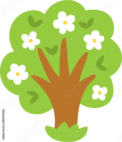 Vector green blossoming tree icon isolated on white background. Garden or forest plant with white flowers and leaves. Flat spring, Easter village or farm illustration. Natural greenery picture
