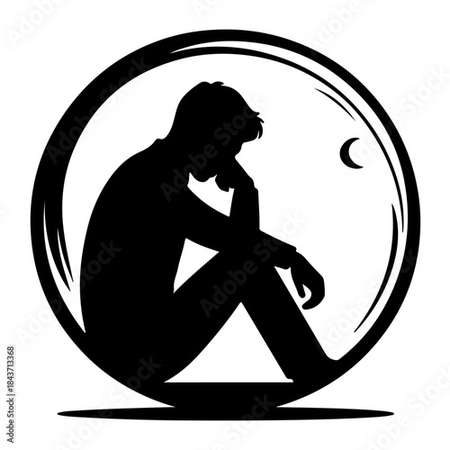 Moonlit Reflection: Thoughtful Figure in Black Silhouette