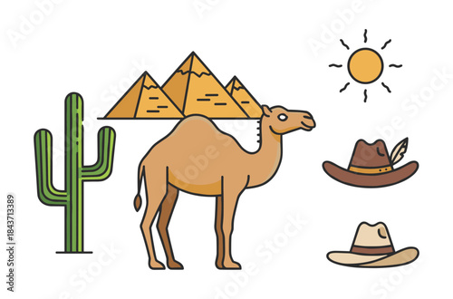 Desert travel icons with camel, Pyramids of Giza, and cactus