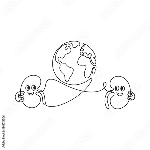 Line art illustration of earth held by two hands symbolizing global connection