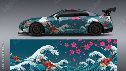 A custom car wrap design featuring Japanese waves, koi fish, and cherry blossoms on a blue sports car.