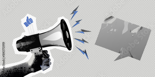 A hand holding a megaphone with a like symbol and speech bubble