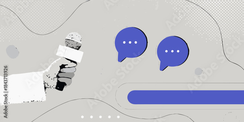 Interview concept with a hand holding a microphone and speech bubbles