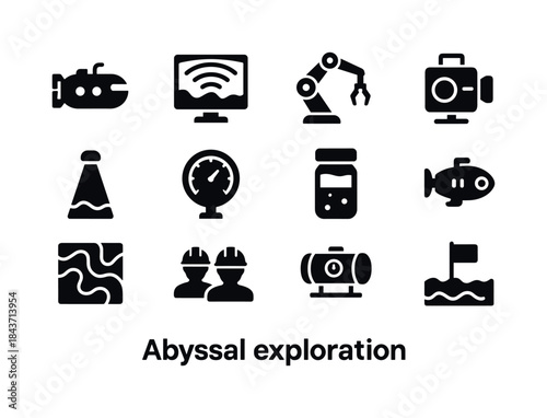 Abyssal Exploration Icons. Abyssal exploration. Solid icon set o