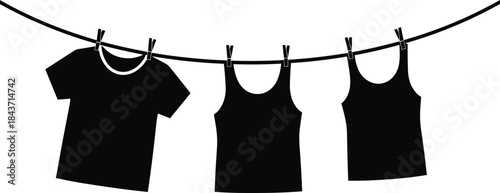Black Silhouette Vector Illustration of a T-shirt and Two Tank Tops or Vests Hanging on a Clothesline with Clothespins, Isolated on a White Background, Representing Laundry and Drying Clothes.