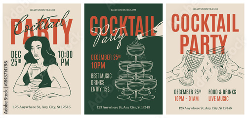 Vintage set of flyer or party invitation templates. Line art design for poster, card, cover, banner, brochure. Cocktail, bottle, glasses, girl with the wine glass. 