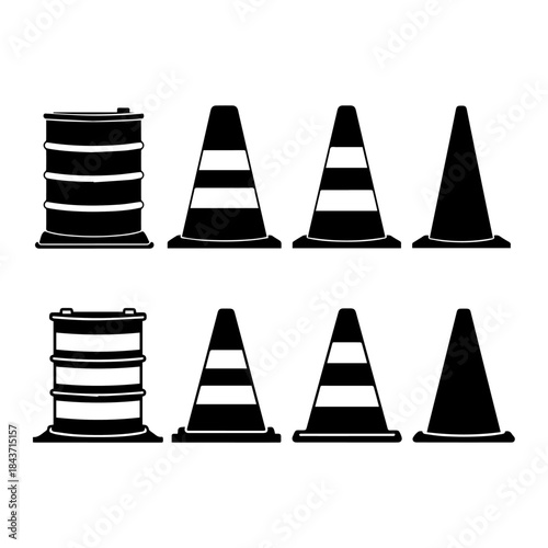 Traffic Cone icon. Cone line and flat solid logo set. Cone Construction signal icon black outline filled version. Road Trip Icons