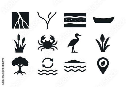 River Delta Icons. River delta wetlands. Solid icon set of river