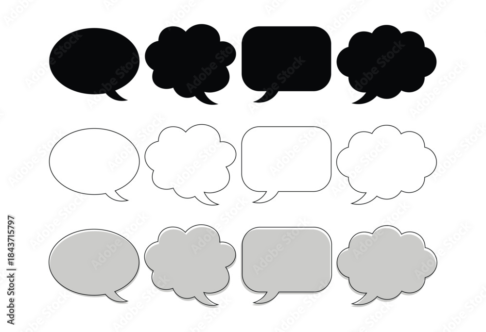 Fototapeta premium Set of speech bubble outline icons for communication. Vector talk and thought bubbles for chat, messages, comics, and quotes. Dialogue sign for web, graphic design, apps.