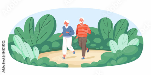 An elderly couple enjoys a healthy walk together in a lush park setting