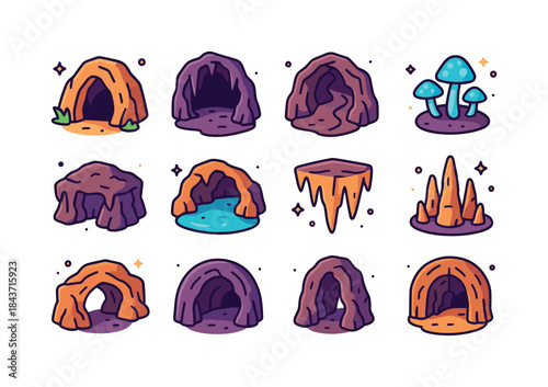 Colorful Cave Icons. Caves. Colorful isometric vector icons set