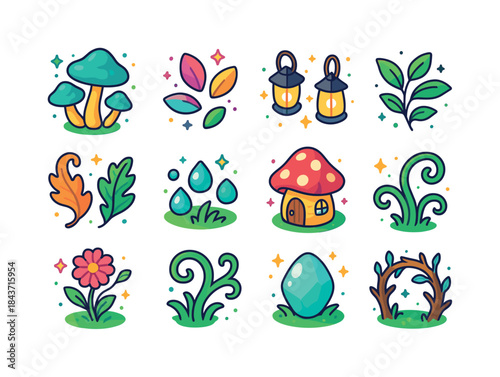 Enchanted Fairy Glade Icons. Fairy glade. Colorful isometric vec