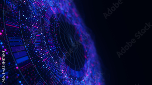 Closeup of Big Data complex round graph background. Quantum computing universe. Cyber space of AI technology. Futuristic graph. Digital qubit information presentation.