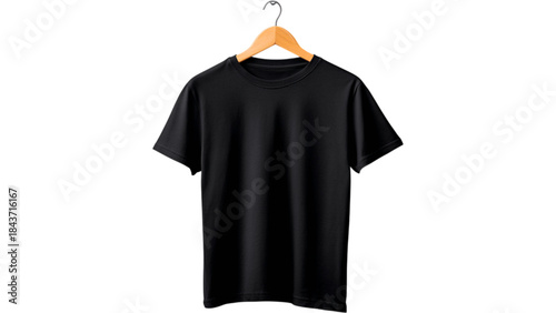 A plain black short-sleeved t-shirt hanging on a wooden clothes hanger against a clean white background, ready for customization or display.