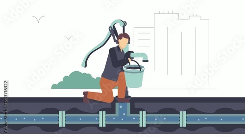 manual water pump system being operated and repaired by two workers animation, Fixing Leaking Community Water source animated video, plumbing Clip, Handyman Services footage, HVAC technician motion