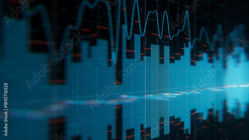 Closeup of Big Data sound complex graph background with shallow DOF. Cyber space of Audio AI technology. Futuristic graph. Digital audio information presentation.