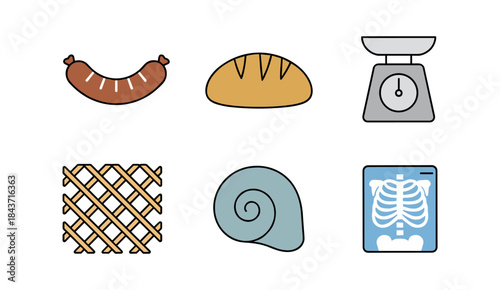 Collection of various icons depicting groceries, objects, and medical xray