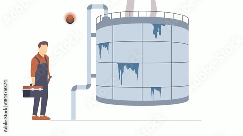 Hazardous Situation at Oil Refinery Storage Tank Needed Urgent Repair animation, Engineer looking Multiple leaks animated video plumbing worker Clip Handyman Service footage, HVAC technician motion