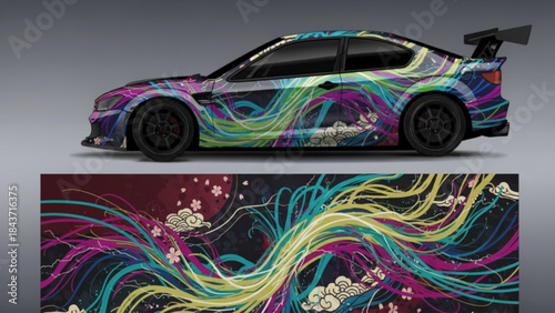 Sports car with a custom vibrant abstract wavy line graphic wrap and a detailed view of the full design.