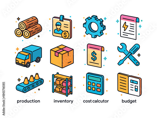 Production Cost Icons. Cost of production. Colorful isometric ve