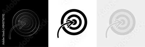 Target icons with arrow in dartboard, achieve goals and success symbol in different styles, vector illustration