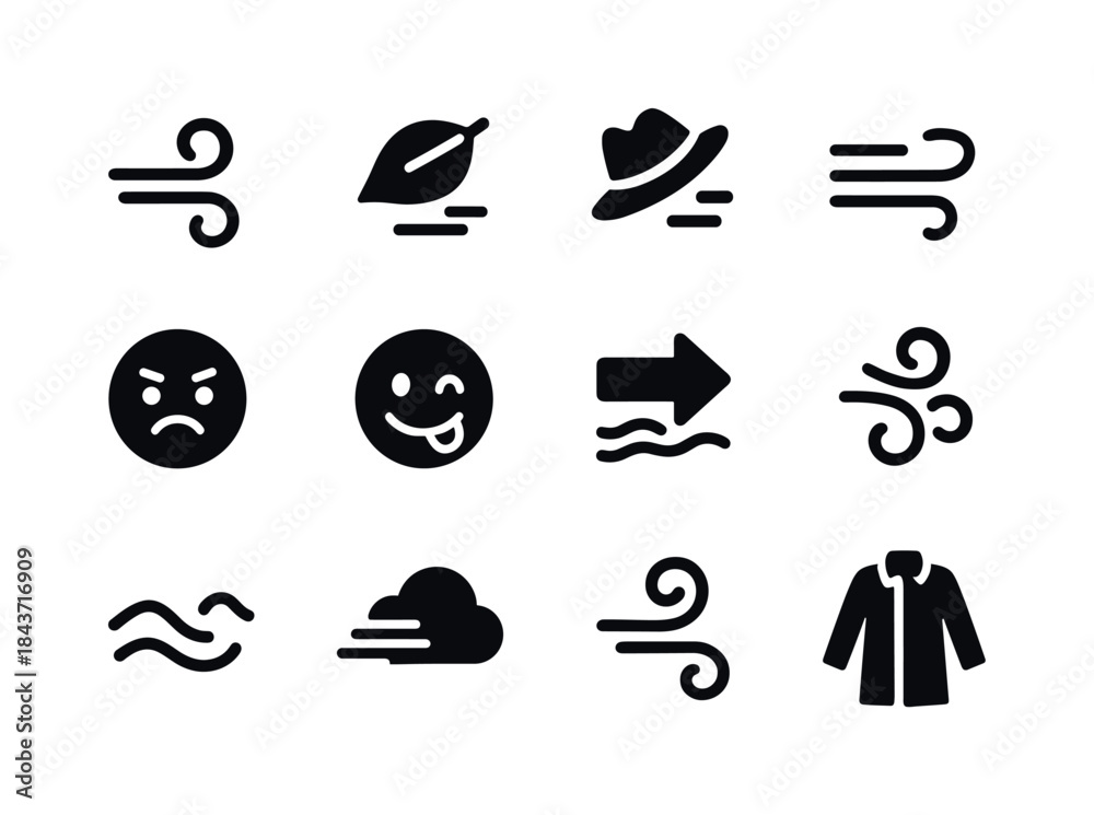 Fototapeta premium Windy Day Icon Set. Windy day moods. Solid icon set of windy day