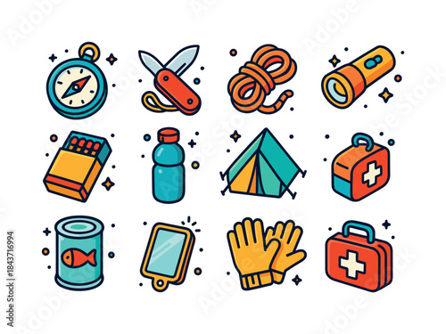 Isometric Survival Icons. Survival Kit. Colorful isometric vecto