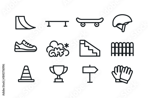 Skate Park Icons. Skate park. Line icon set of skate park: ramp,