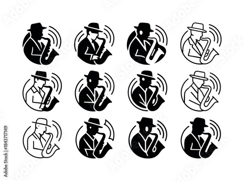 Jazz Musician Icon Set. a jazz musician playing a saxophone in a