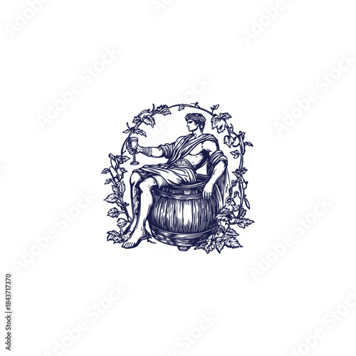 Vintage illustration of a Roman man sitting on a wooden barrel holding a glass of wine, classic hand drawn sketch with laurel wreath frame isolated on white background