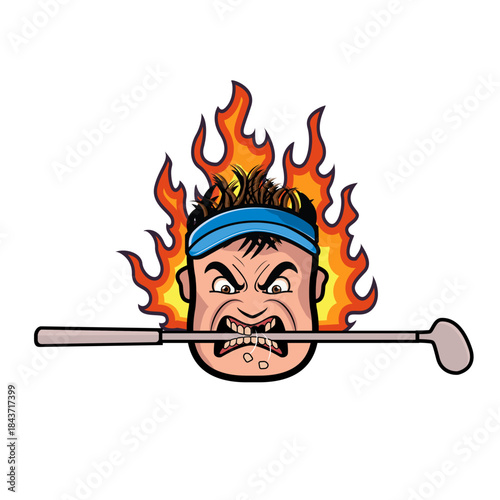 angry sports mascot
Cartoon-style angry sports mascot character with flaming hair and headband, biting a sports stick with intense expression. Bold vector illustration suitable for sports branding,